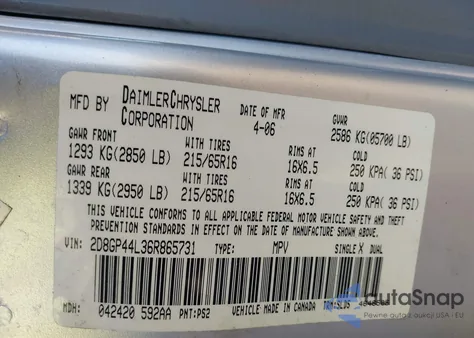 2006 Dodge Grand Caravan Sxt из США, поврежденный, VIN 2D8GP44L36R865731